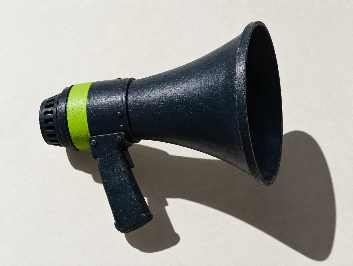 Black megaphone with a lime band, photographed in hard studio light