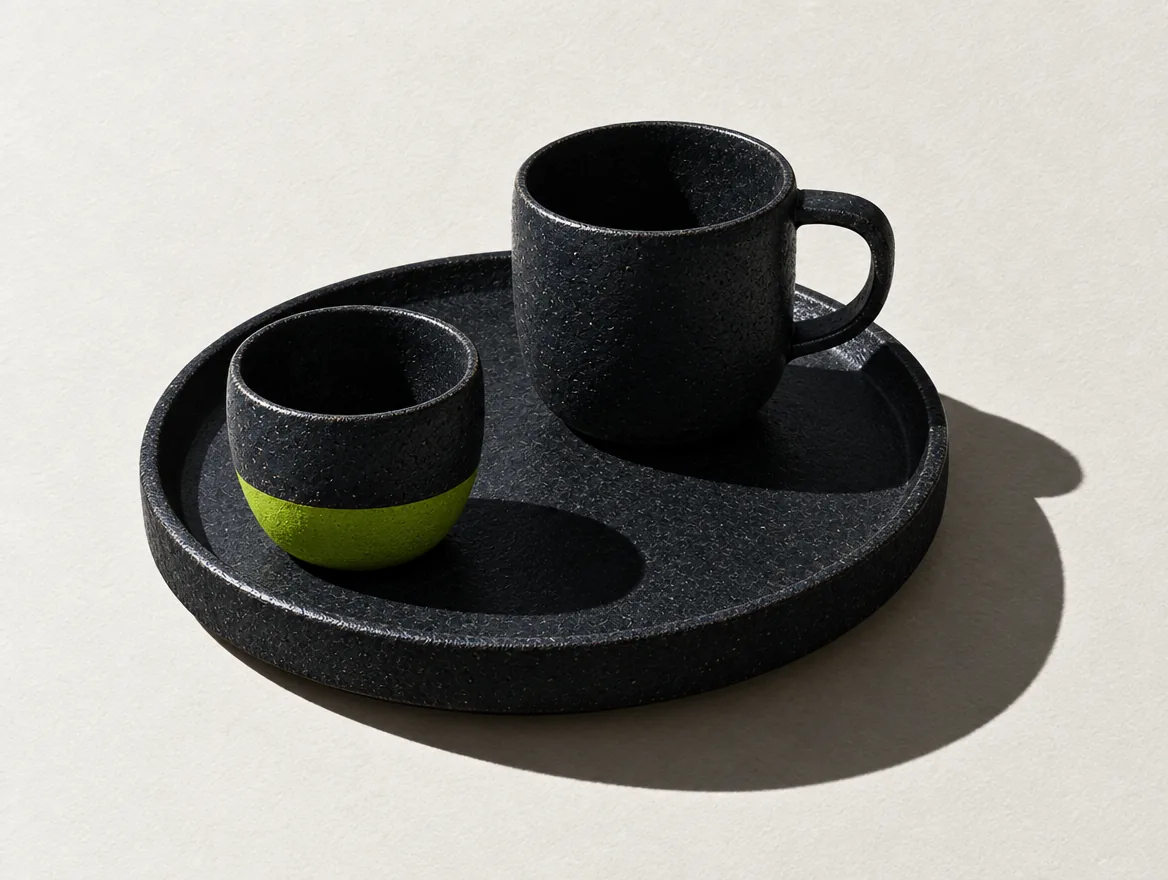 Hard-lit still of a split tabletop form used as the Common Ground identity object