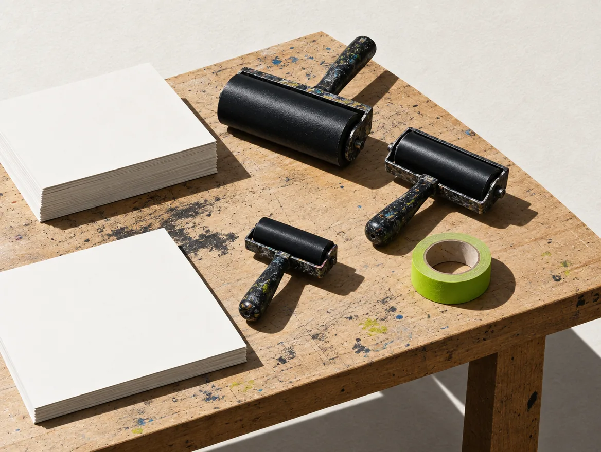 Worktable with printed proofs under hard directional light, fictional studio