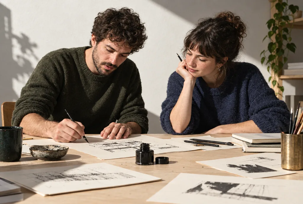 Three fictional collaborators around a production table